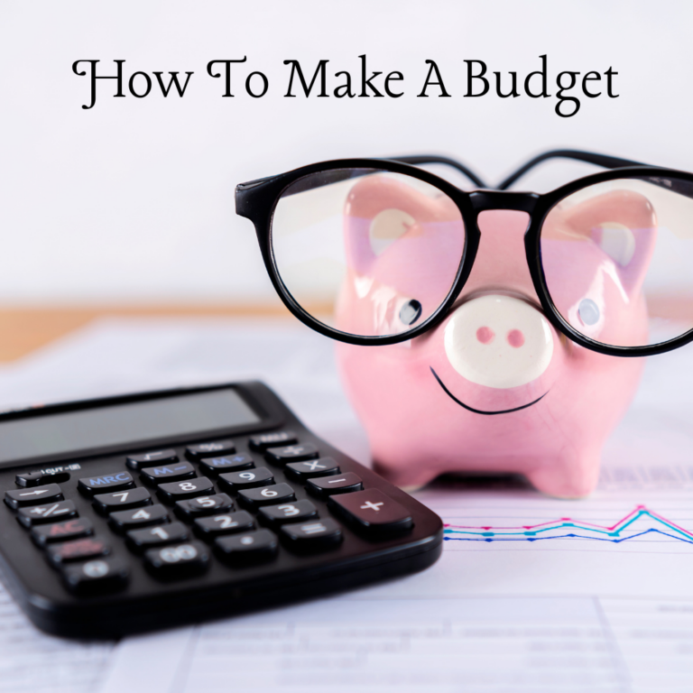Piggy bank wearing glasses with a calculator and caption how to make a budget